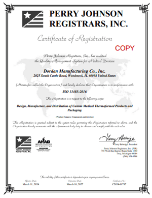 Dordan's ISO 13485 certificate